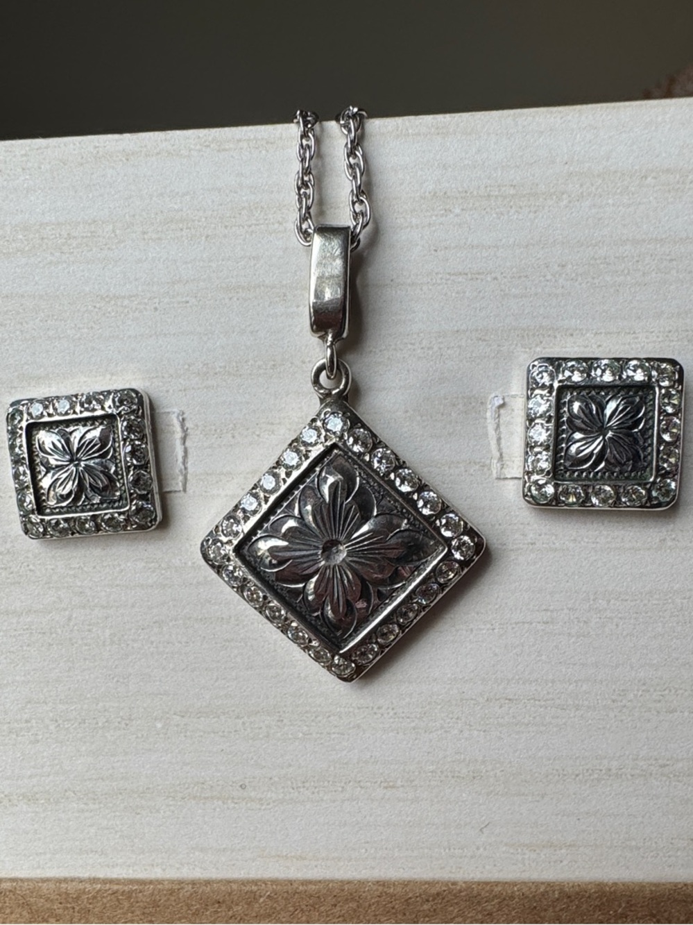 Vogt Sterling Silver Floral Square Pendant Necklace with Matching Studs